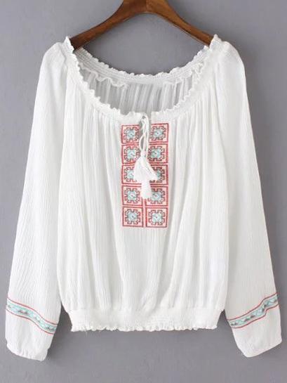 Shein White Long Sleeve Tie Neck Tassel Embroidery Blouse