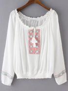 Shein White Long Sleeve Tie Neck Tassel Embroidery Blouse