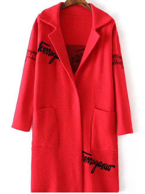 Shein Red Letter Print Shawl Collar Pocket Long Sweater Coat