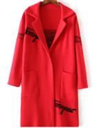 Shein Red Letter Print Shawl Collar Pocket Long Sweater Coat