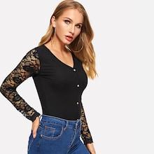 Shein Button Front V-neck Lace Tee