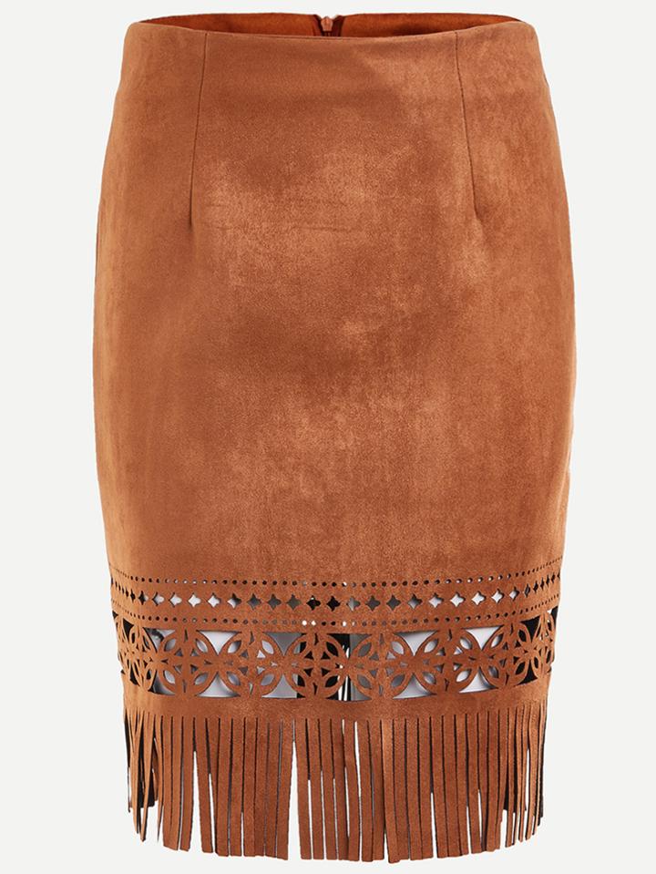 Shein Brown Hollow Out Fringe Hem Zipper Suede Skirt