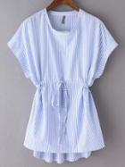 Shein Blue Striped Tie Waist Cap Sleeve T-shirt