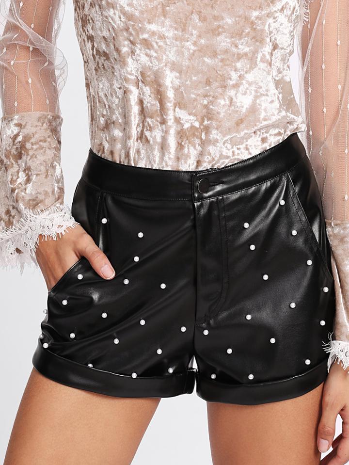 Shein Rolled Hem Pearl Detail Pu Shorts