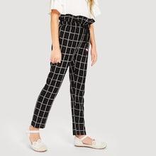 Shein Girls Ruffle And Drawstring Waist Grid Pants