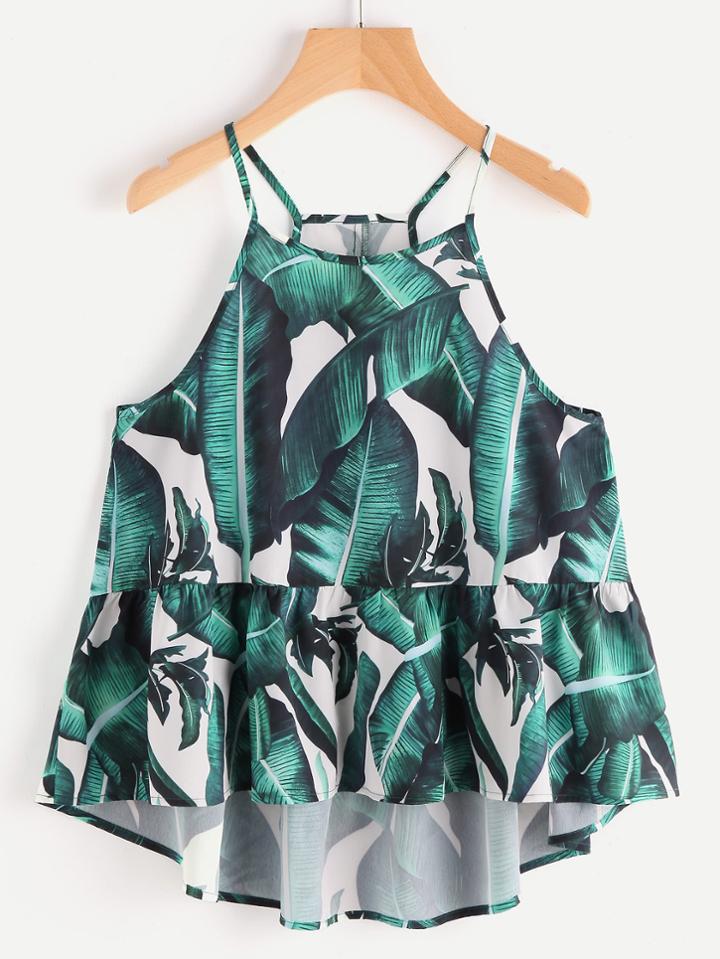 Shein Foliage Print Hi Lo Tiered Hem Racer Cami Top