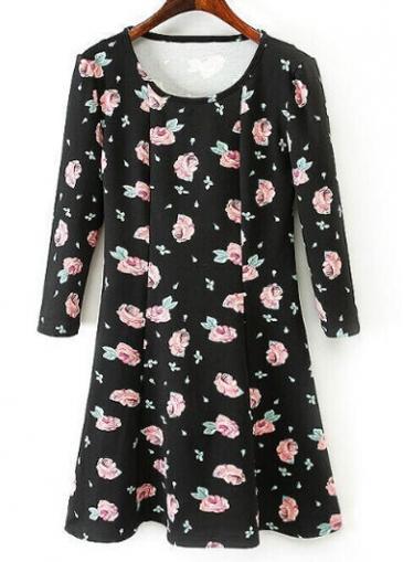 Rosewe Retro Round Neck Long Sleeve A Line Dress