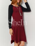 Shein Burgundy Black Long Sleeve Color Block Dress