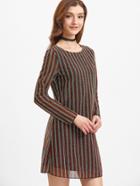 Shein Multicolor Vertical Striped Tie Keyhole Back  Long Sleeve Dress