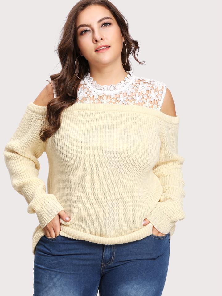 Shein Guipure Lace Yoke Button Keyhole Sweater