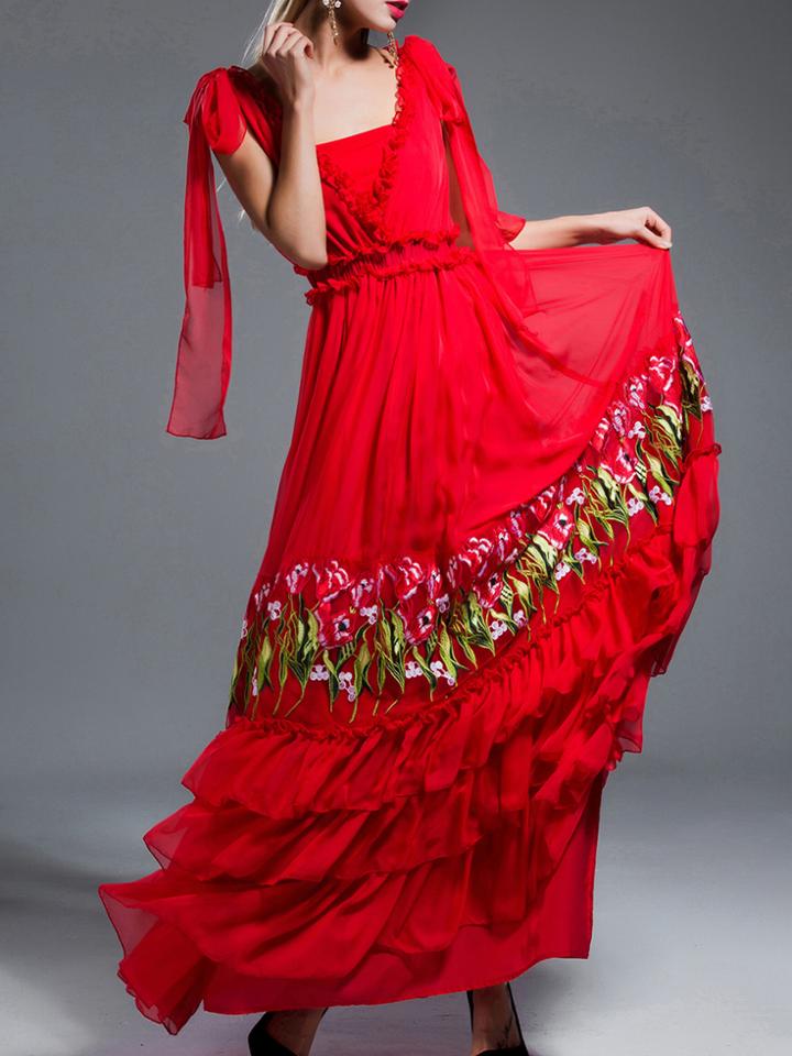 Shein Backless Flowers Embroidered Flounce Pleated Dress