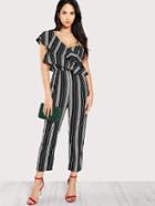 Shein Asymmetrical Flounce Layered Shoulder Striped Jumpsuit