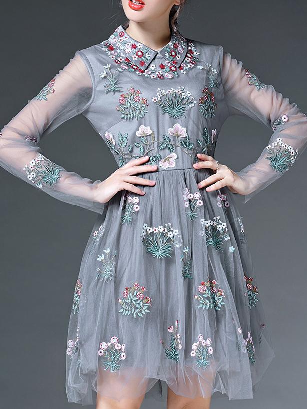 Shein Grey Sheer Sleeve Gauze Embroidered A-line Dress