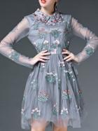 Shein Grey Sheer Sleeve Gauze Embroidered A-line Dress