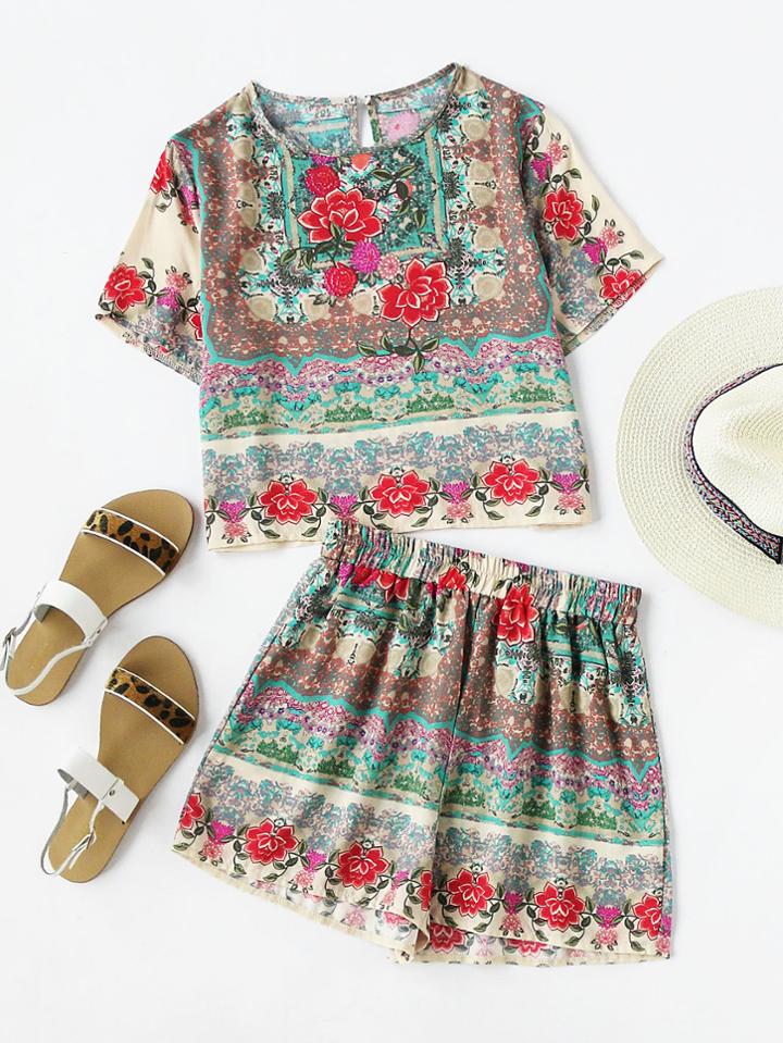 Shein Buttoned Keyhole Back Top With Elasticized Waist Shorts