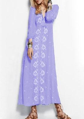 Shein Purple Lila V Neck Embroidered Maxi Dress