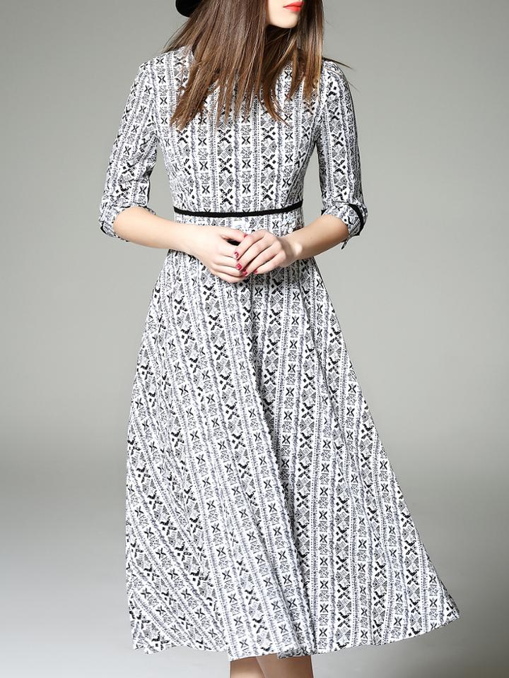 Shein White Crew Neck Print A-line Midi Dress