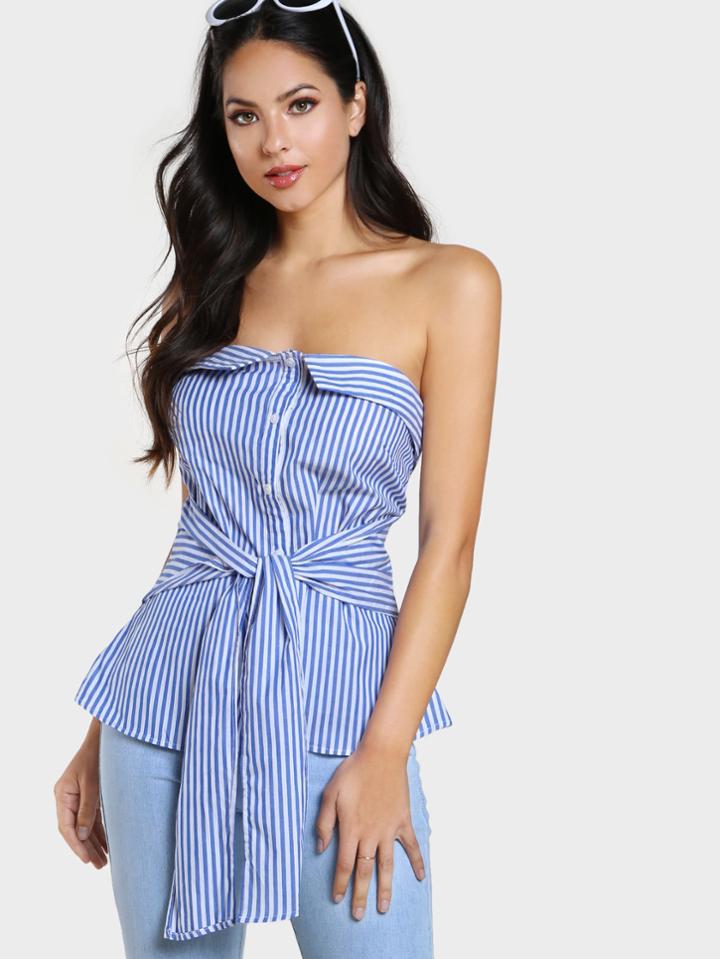 Shein Foldover Tie Waist Button Up Strapless Top