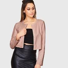 Shein Pearl Beaded Trim Crop Pu Leather Jacket