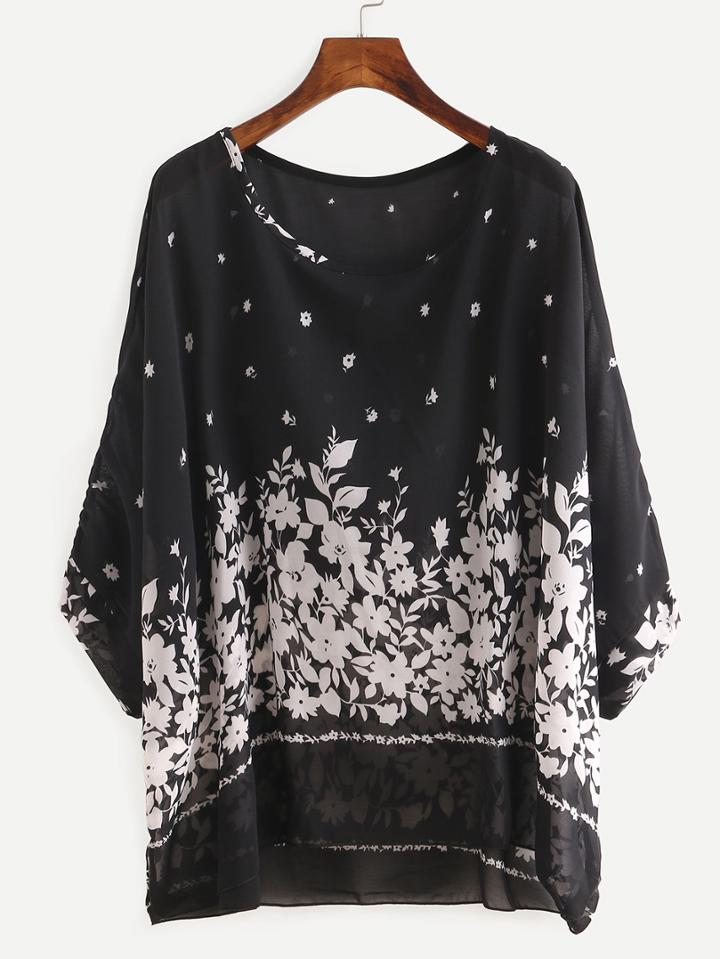 Shein Flower Print Chiffon Poncho Blouse - Black