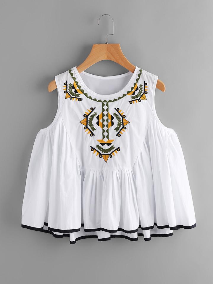 Shein Contrast Trim Embroidered Smock Top
