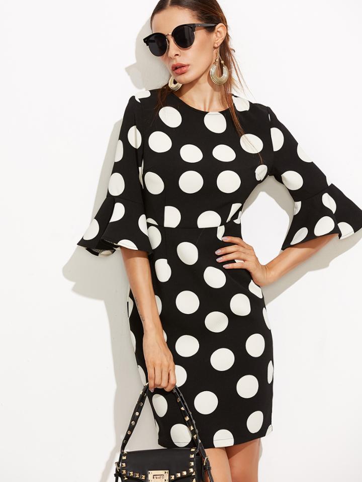 Shein Black Polka Dot Print Ruffle Sleeve Sheath Dress