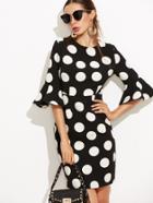 Shein Black Polka Dot Print Ruffle Sleeve Sheath Dress