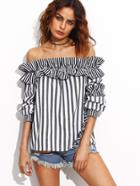 Shein Grey And White Striped Ruffle Trim Off The Shoulder Top