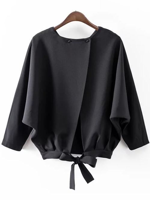 Shein Black Batwing Sleeve Bow Split Blouse