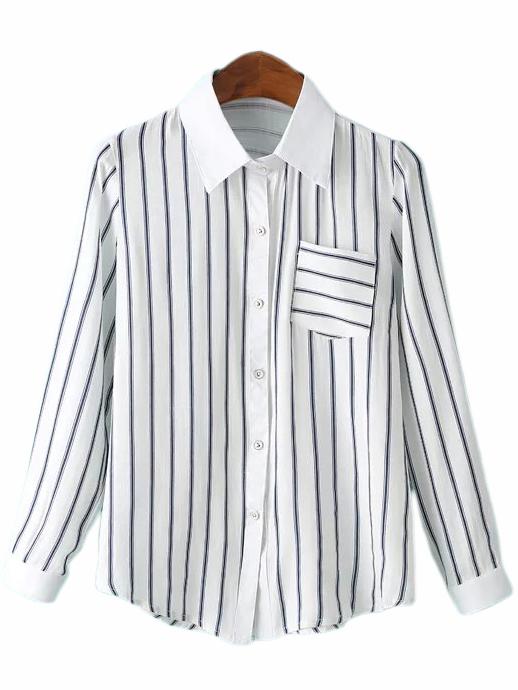 Shein Black White Pocket Lapel Stripe Blouse