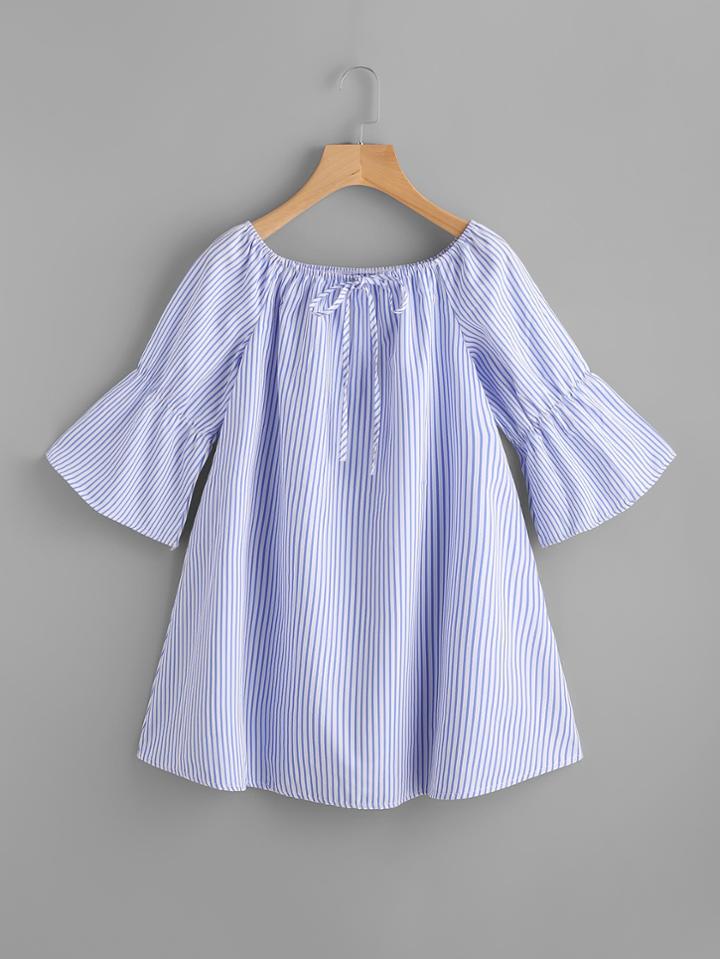 Shein Bardot Tie Neck Flute Sleeve Vertical Striped Dress