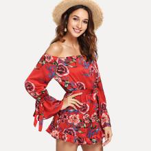 Shein Off Shoulder Belted Flounce Sleeve Floral Jumpsuit