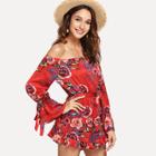 Shein Off Shoulder Belted Flounce Sleeve Floral Jumpsuit