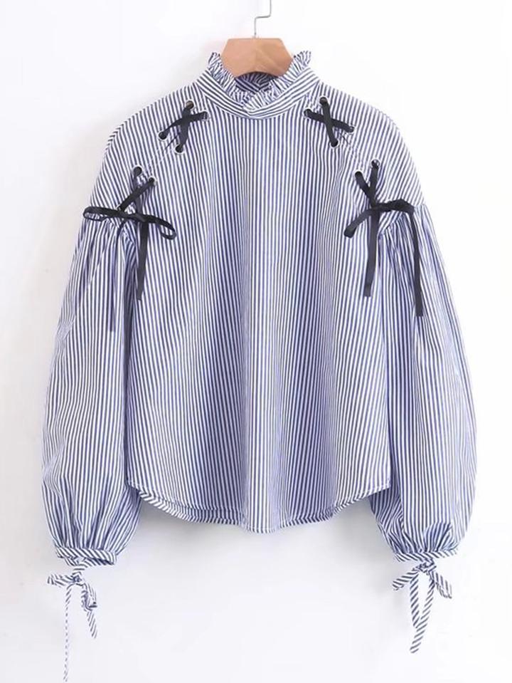 Shein Contrast Lace Up Frill Neck Striped Blouse