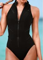 Rosewe Sleeveless Zipper Closure Black One Piece Swimwear