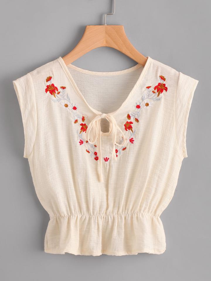 Shein Flounce Hem Embroidery Blouse