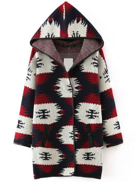 Shein Red Hooded Contrast Trims Pockets Sweater Coat