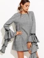 Shein Grey Plaid Dramatic Ruffle Sleeve Tunic Dress