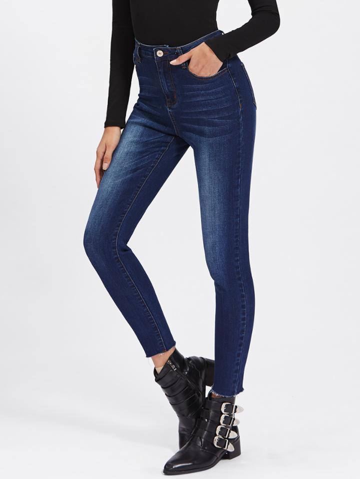 Shein Bleached Wash Raw Hem Skinny Jeans