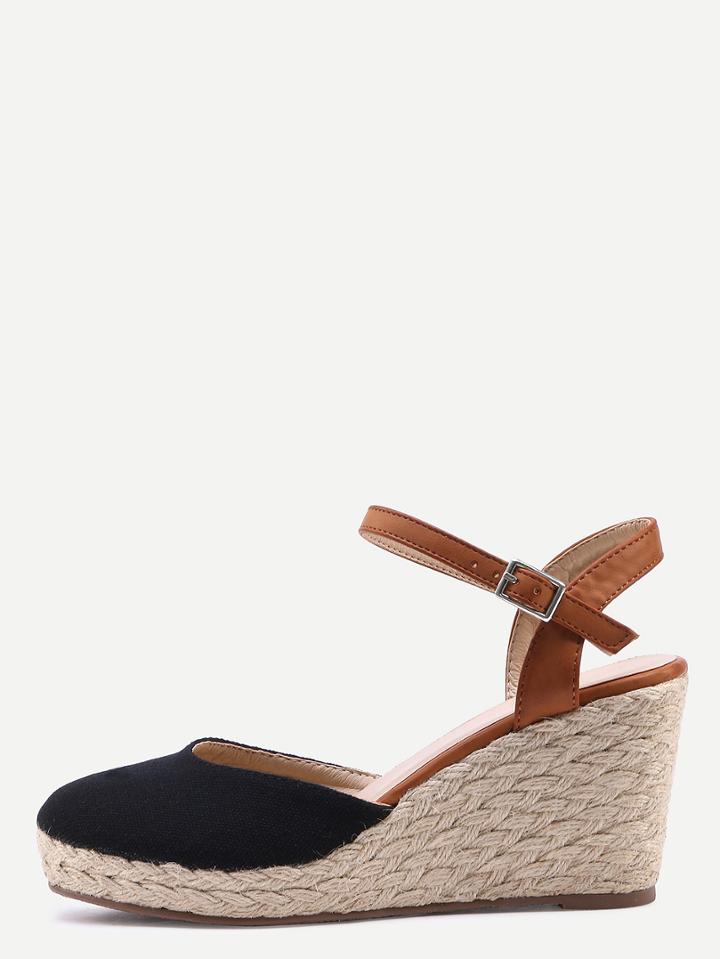 Shein Round Toe Ankle Strap Wedge Sandals - Black