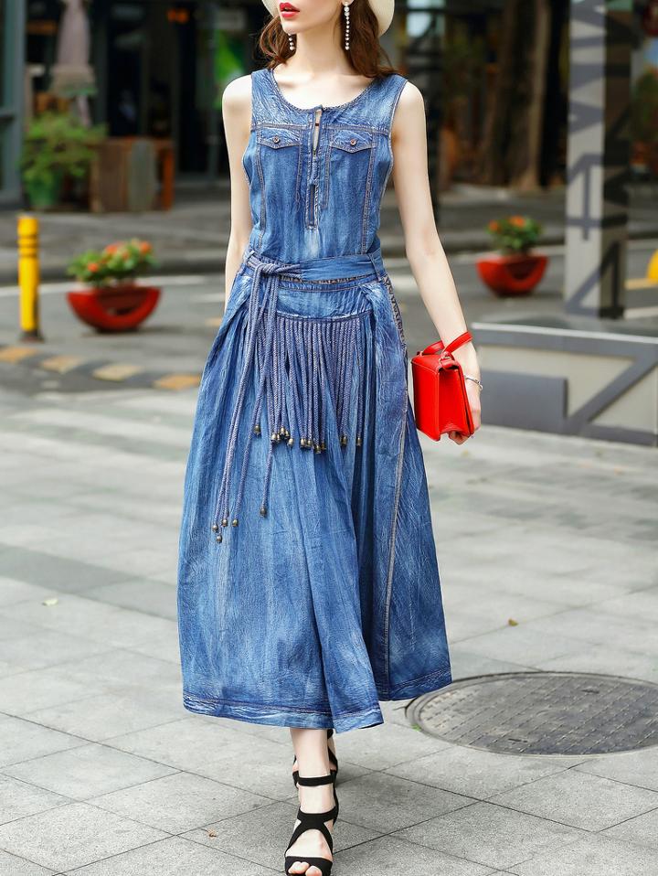 Shein Blue Strap Backless Cross Denim Dress