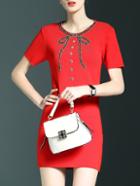 Shein Red Bowknot Beading Knit Sheath Dress