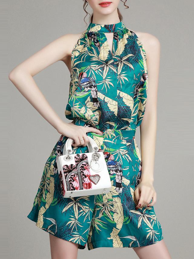 Shein Green Halter Print Top With Shorts