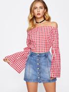 Shein Bardot Backless Tie Detail Flute Sleeve Gingham Top