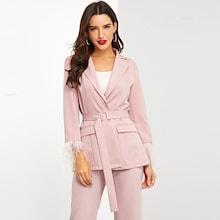 Shein Contrast Faux Feather Cuff Self Belted Blazer