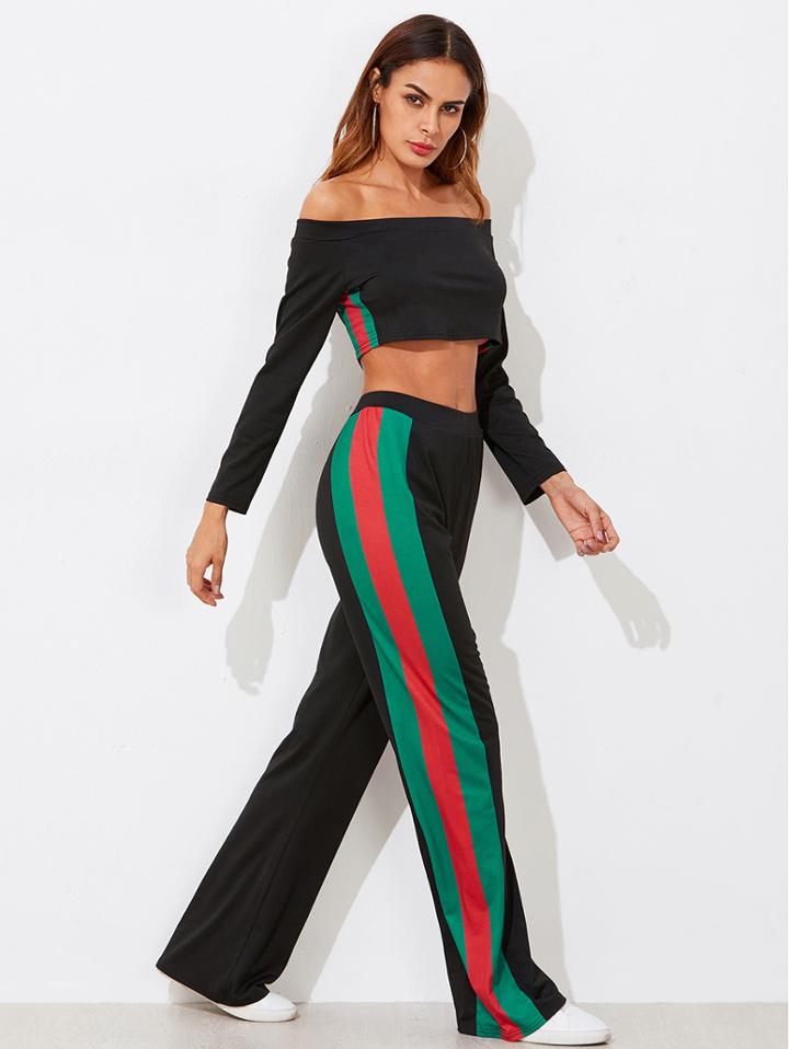 Shein Bardot Crop Tee With Stripe Side Wide Pants