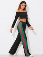 Shein Bardot Crop Tee With Stripe Side Wide Pants