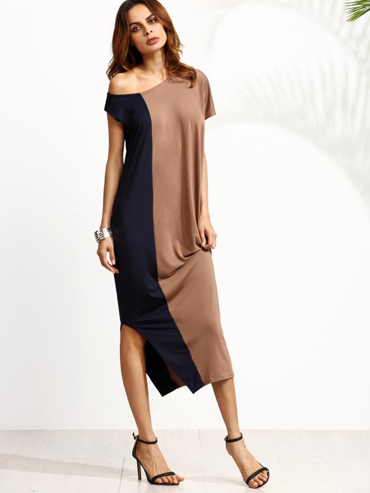 Shein Color Block One Shoulder Side Split Dress