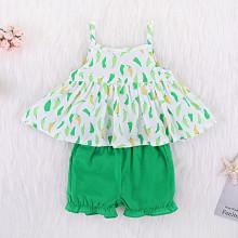 Shein Girls Green Pepper Print Cami Top With Frill Hem Shorts