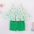 Shein Girls Green Pepper Print Cami Top With Frill Hem Shorts
